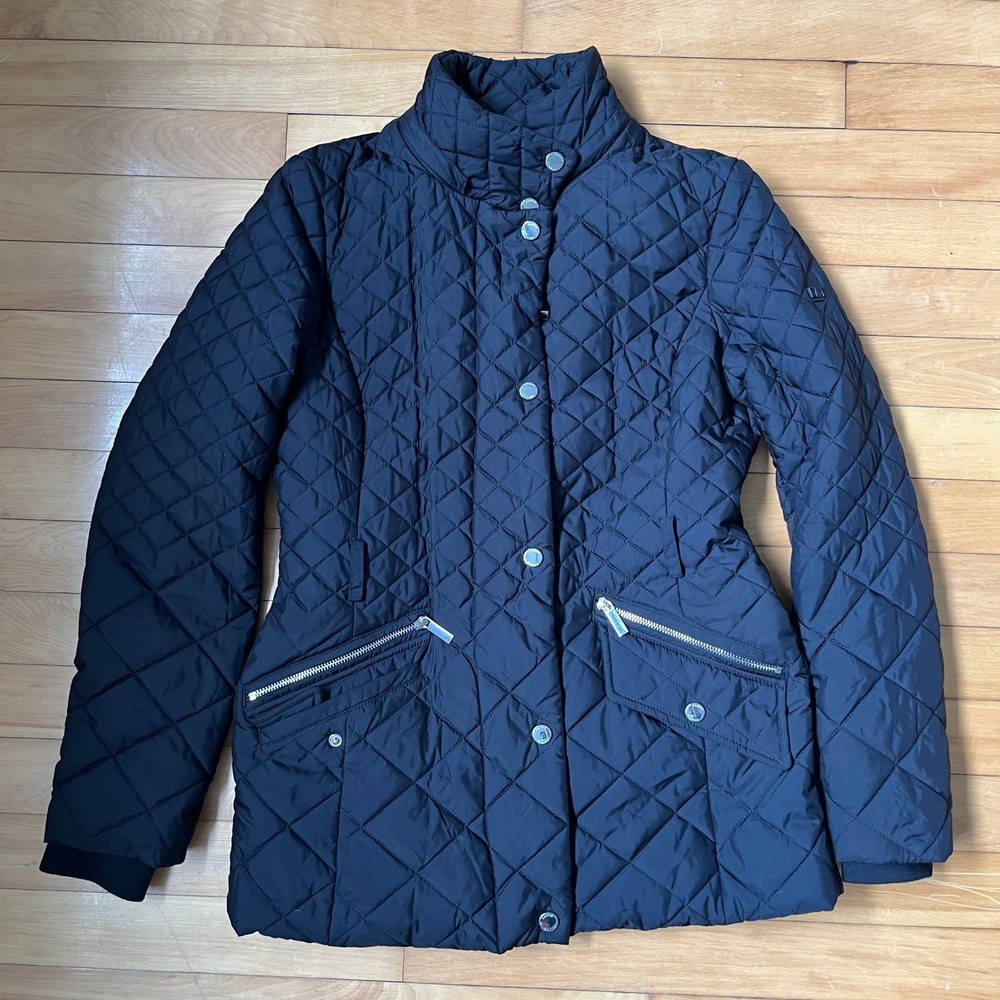Karen Millen Black Diamond Quilted Jacket Funnel Neck Snap Front Size S/P Small